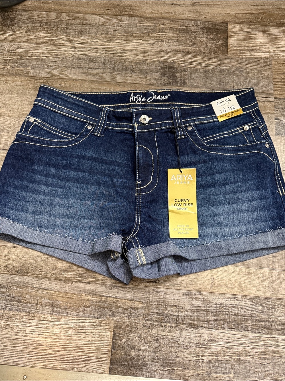 Ariya Dark Blue Curvy Low Rise Rolled Hem Jean Shorts